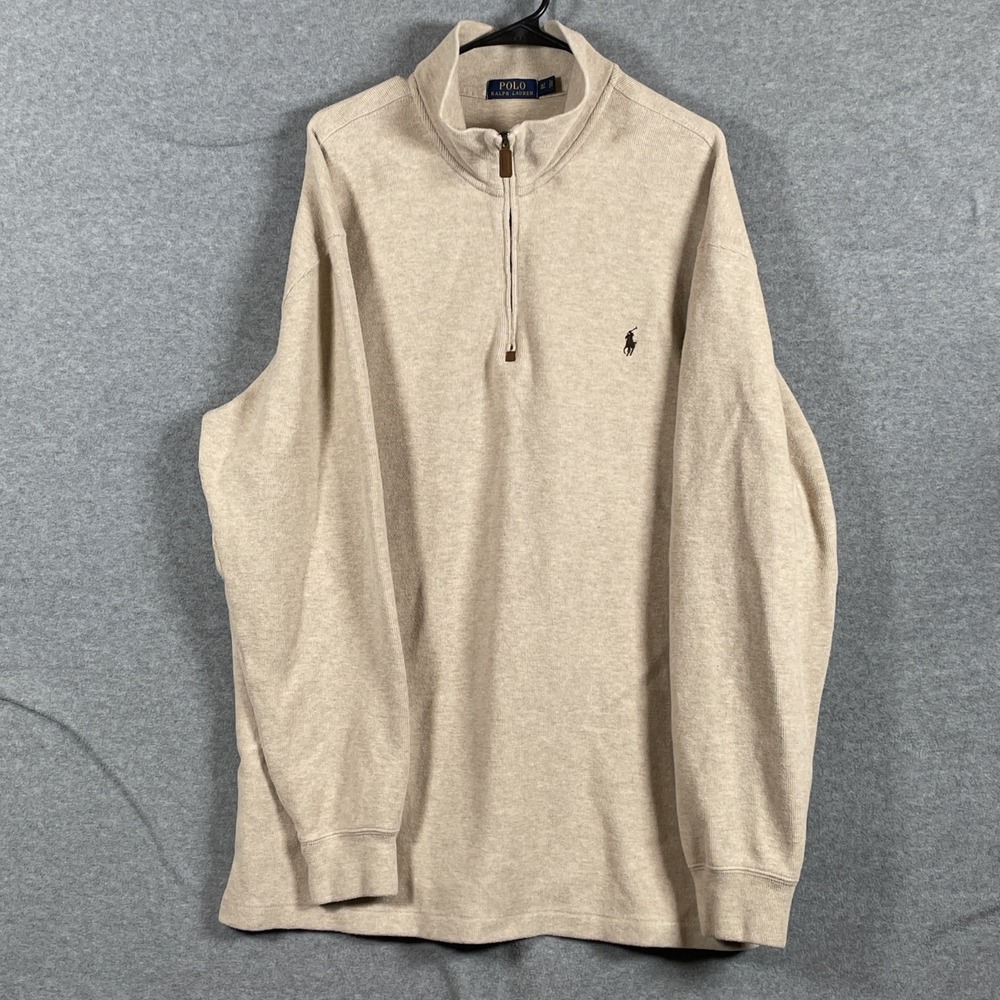 Polo Ralph Lauren Men XLT Tan Cotton Estate Rib Quarter Zip Pullover Sweater Big